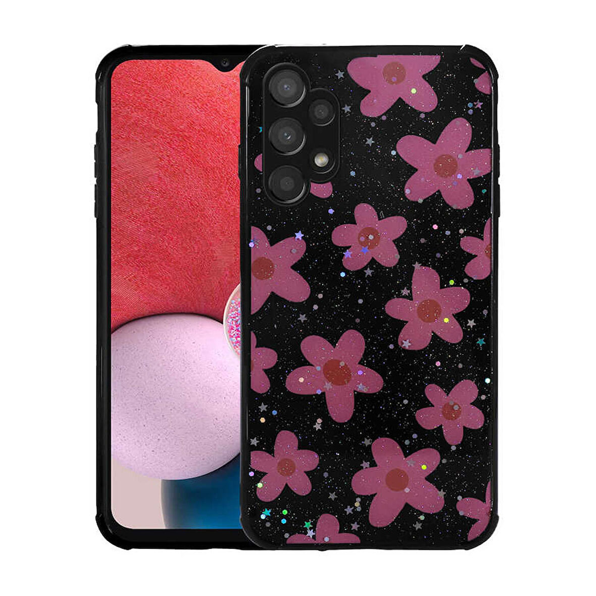 Galaxy A13 4G Uyumlu Simli Desenli Kamera Korumalı Parlak Zore Popy Kapak-Çiçek