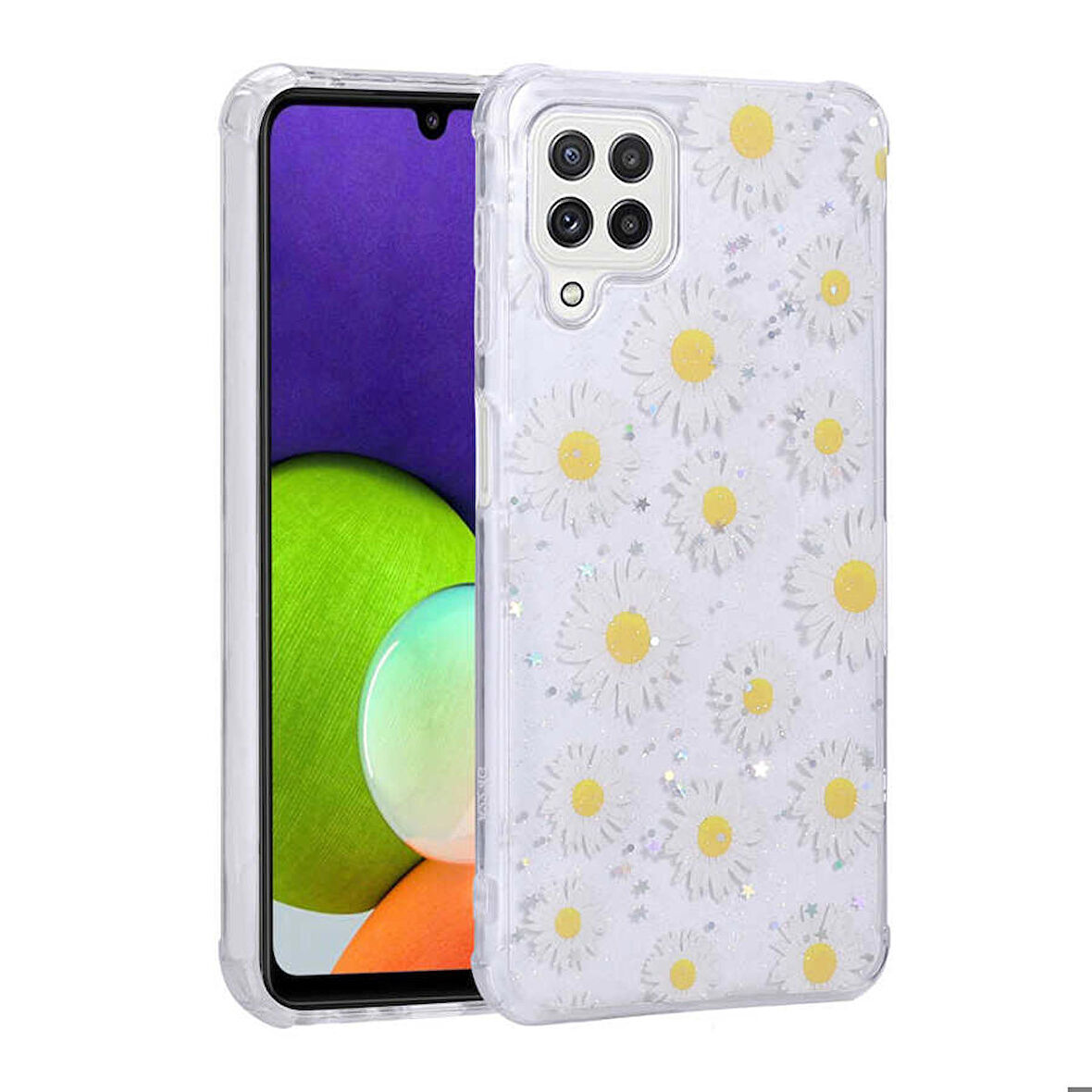 Galaxy A22 4G Uyumlu Simli Desenli Kamera Korumalı Parlak Zore Popy Kapak-Papatya