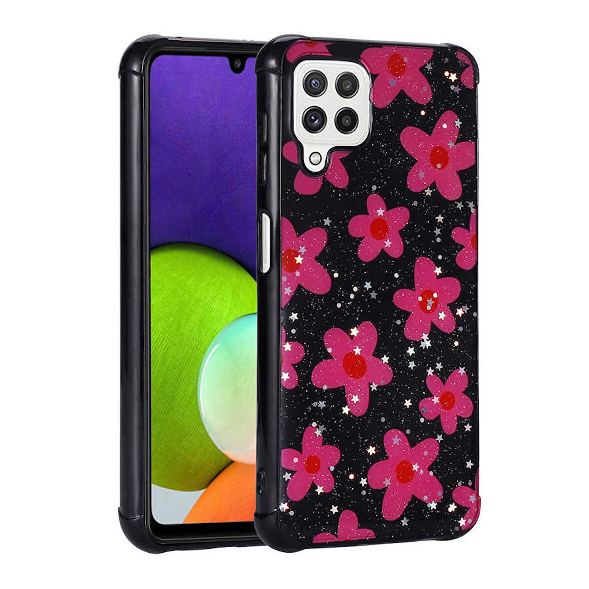 Galaxy M22 Uyumlu Simli Desenli Kamera Korumalı Parlak Zore Popy Kapak-Çiçek