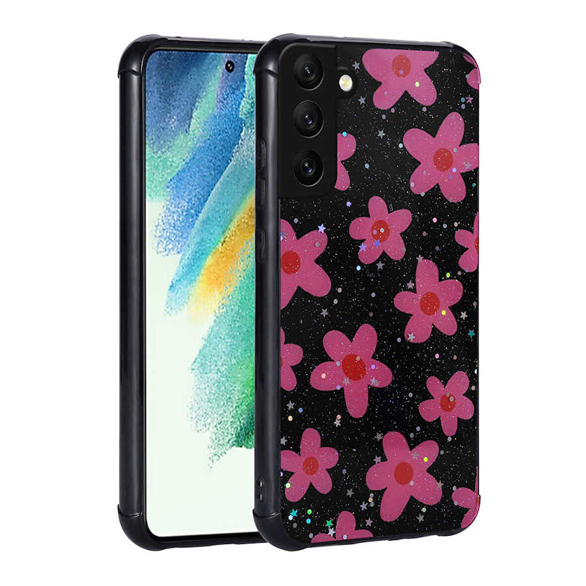 Galaxy S21 FE Uyumlu Simli Desenli Kamera Korumalı Parlak Zore Popy Kapak-Çiçek