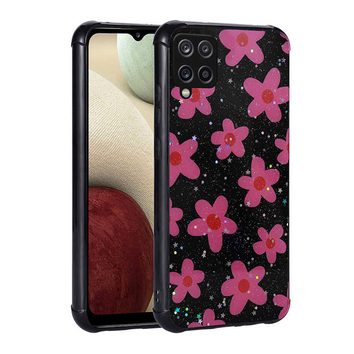 Galaxy M33 Uyumlu Simli Desenli Kamera Korumalı Parlak Zore Popy Kapak-Çiçek