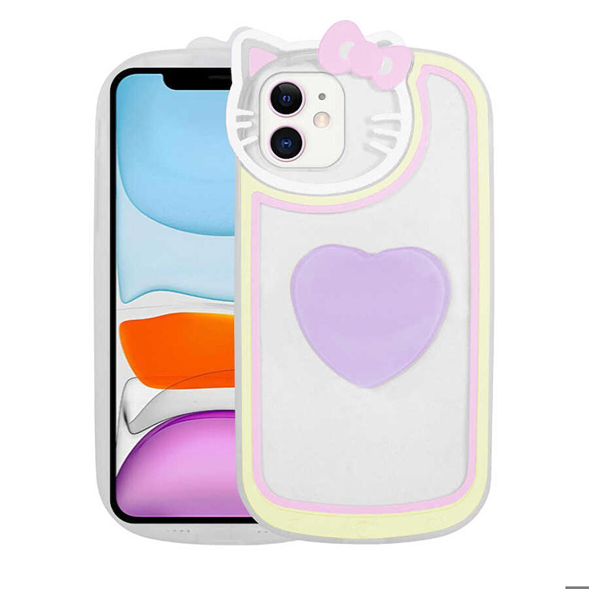 iPhone 12 Uyumlu Kedi Figürlü Transparan Pop Soketli Zore Ritmik Kapak-Lila
