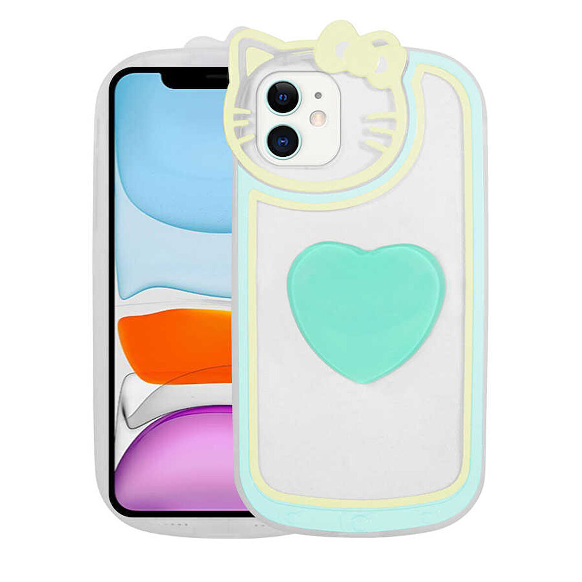 iPhone 12 Uyumlu Kedi Figürlü Transparan Pop Soketli Zore Ritmik Kılıf-Turkuaz