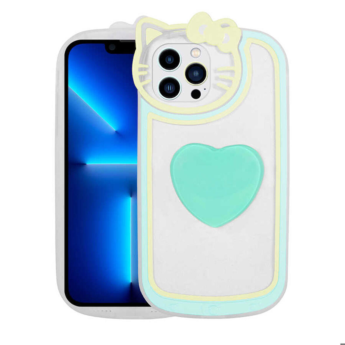 iPhone 12 Pro Uyumlu Kedi Figürlü Transparan Pop Soketli Zore Ritmik Kapak-Turkuaz
