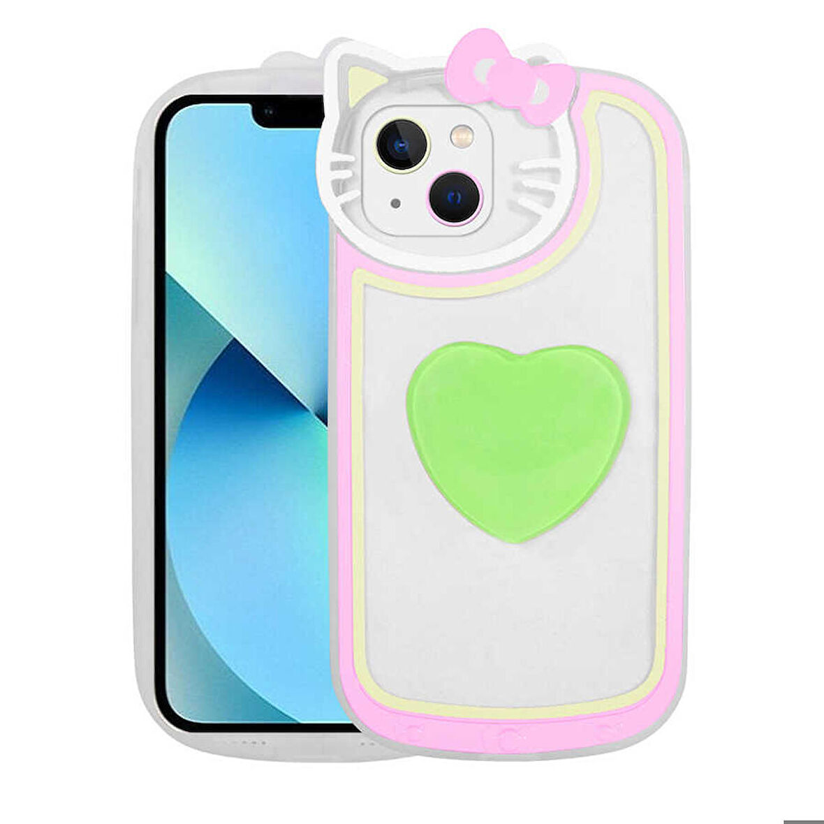 iPhone 13 Uyumlu Kedi Figürlü Transparan Pop Soketli Zore Ritmik Kapak-Yeşil