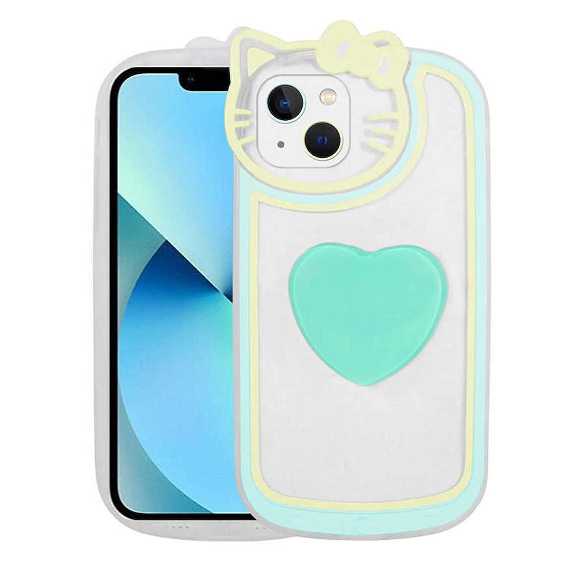 iPhone 13 Uyumlu Kedi Figürlü Transparan Pop Soketli Zore Ritmik Kılıf-Turkuaz