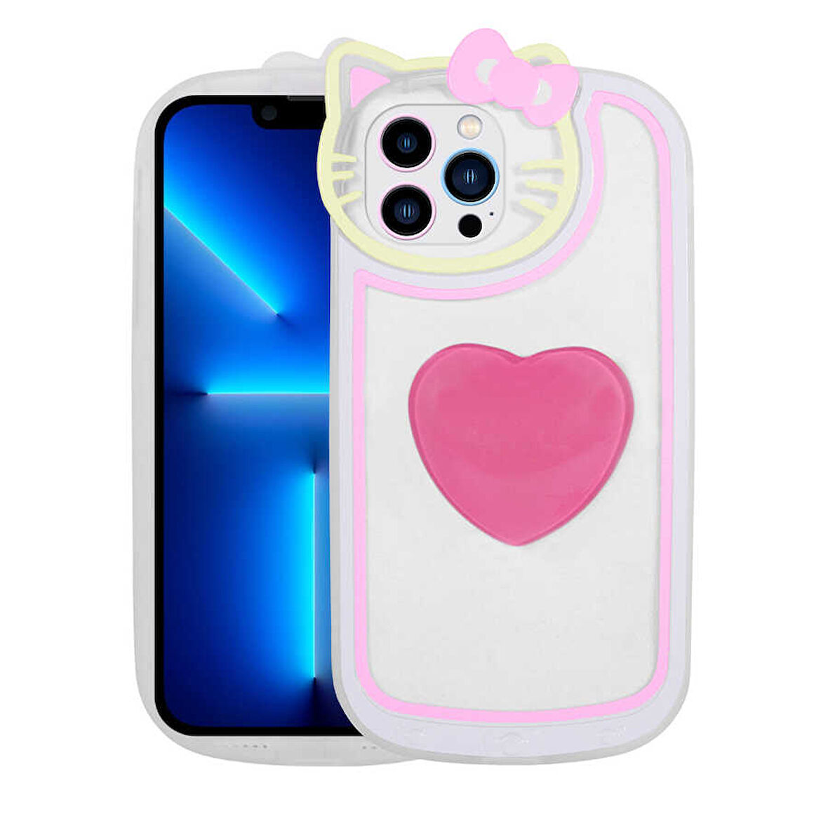 iPhone 13 Pro Uyumlu Kedi Figürlü Transparan Pop Soketli Zore Ritmik Kılıf-Pembe Koyu
