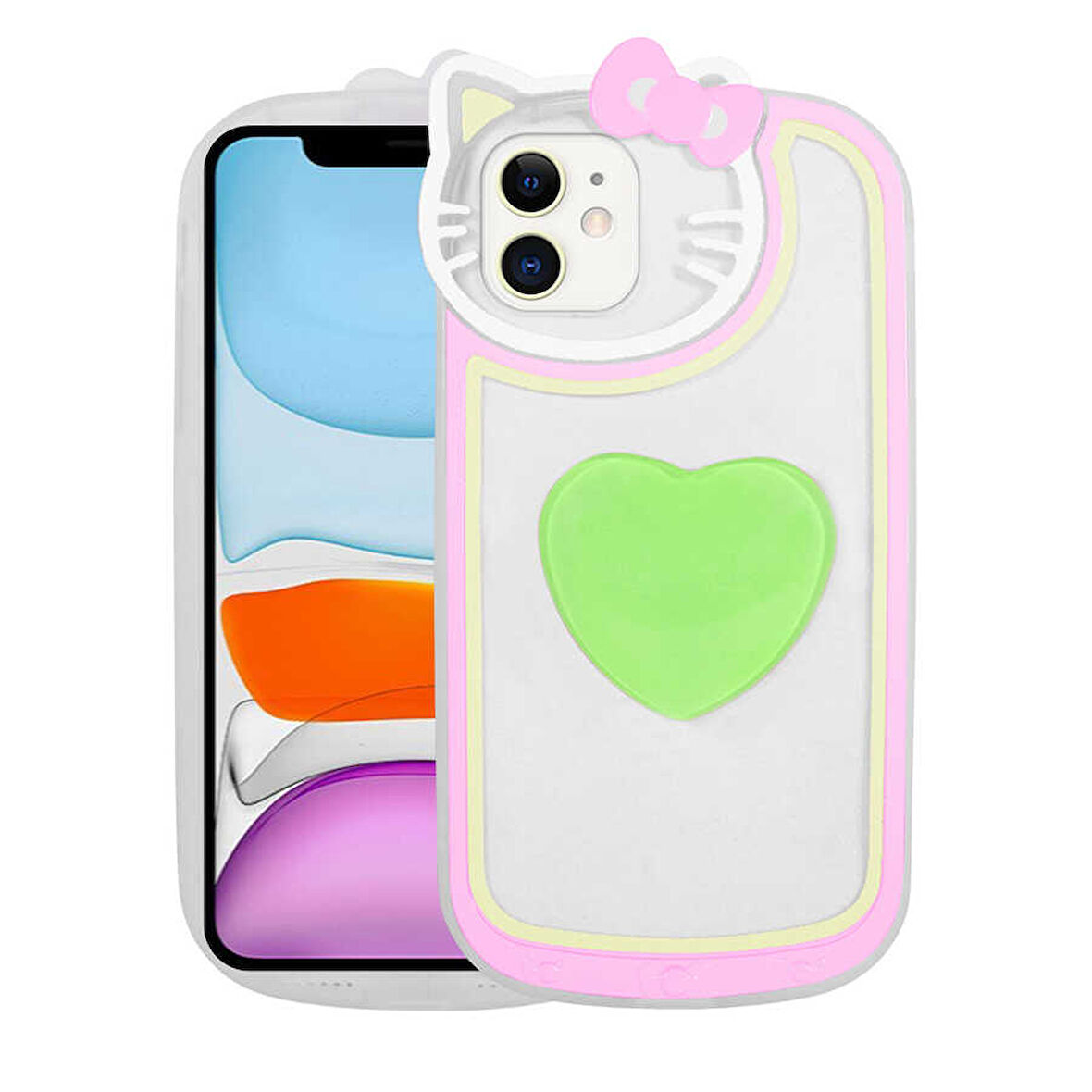 iPhone 11 Uyumlu Kedi Figürlü Transparan Pop Soketli Zore Ritmik Kılıf-Yeşil