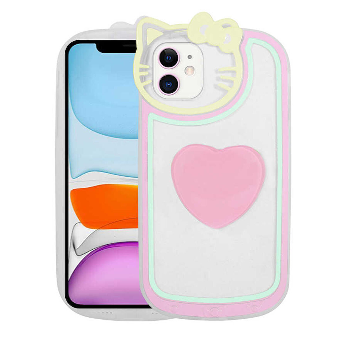 iPhone 11 Uyumlu Kedi Figürlü Transparan Pop Soketli Zore Ritmik Kılıf-Pembe
