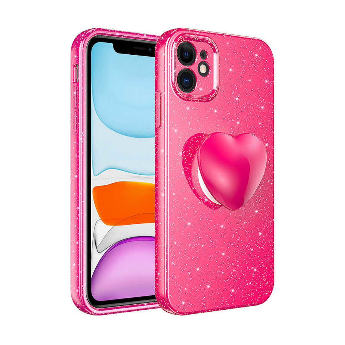 iPhone 11 Uyumlu Kamera Korumalı Simli Pop Soketli Lüks Zore Koton Soketli Kılıf-Pembe Koyu