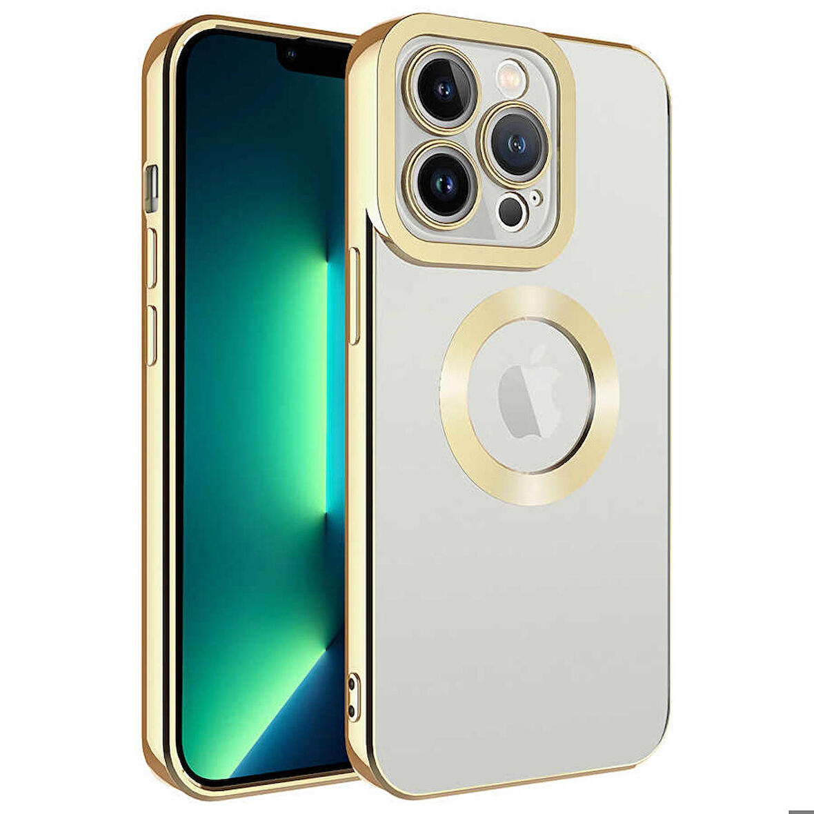 iPhone 14 Pro Max Uyumlu Kamera Korumalı Logo Gösteren Zore Omega Kapak-Gold