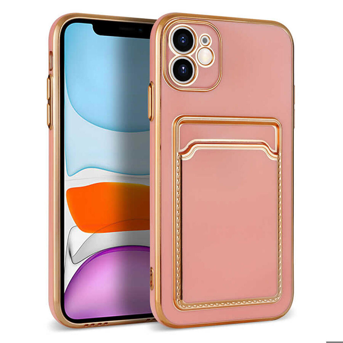 iPhone 11 Uyumlu Zore Bark Kartlıklı Kapak-Rose Gold