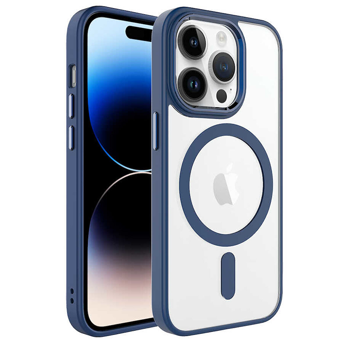 iPhone 14 Pro Uyumlu Wireless Şarj Özellikli Zore Krom Magsafe Silikon Kılıf-Lacivert
