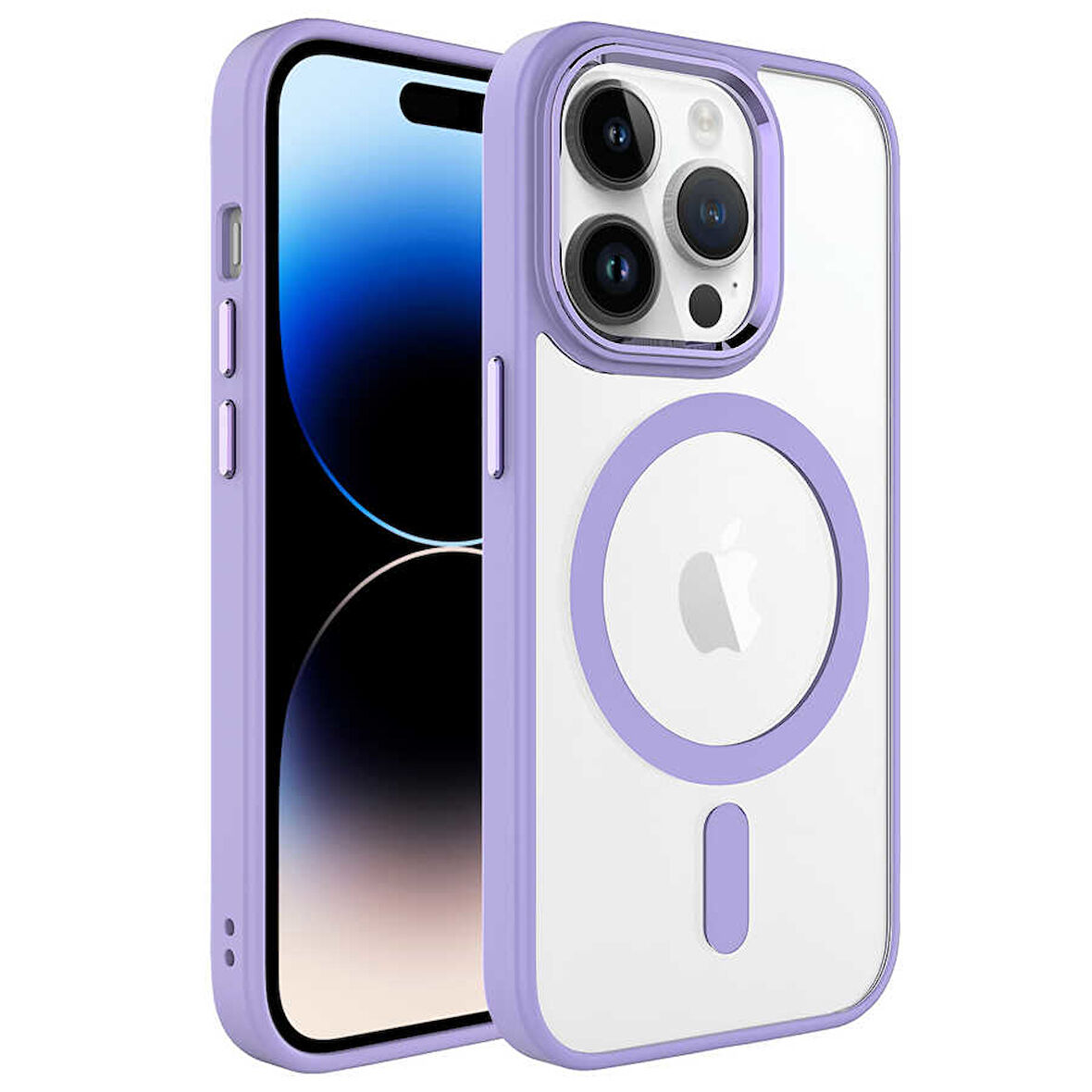iPhone 14 Pro Uyumlu Wireless Şarj Özellikli Zore Krom Magsafe Silikon Kılıf-Lila