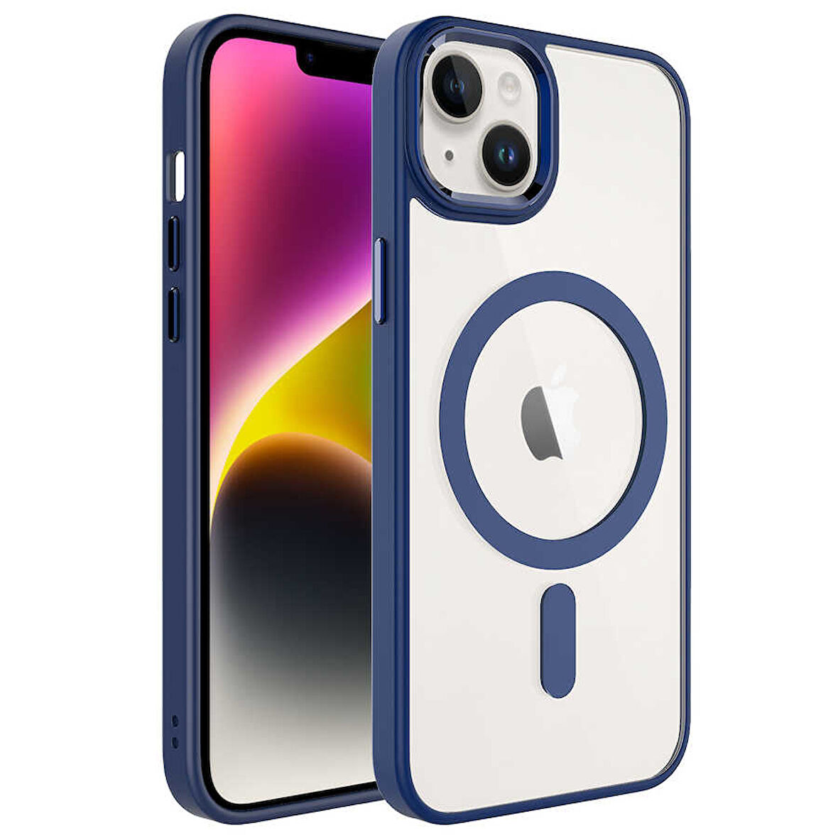 iPhone 14 Plus Uyumlu Wireless Şarj Özellikli Zore Krom Magsafe Silikon Kılıf-Lacivert