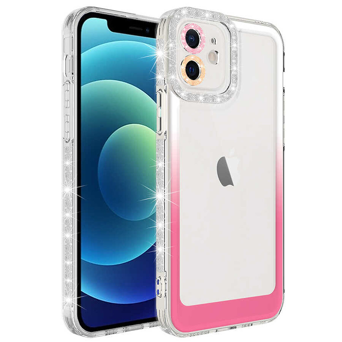 iPhone 11 Uyumlu Simli ve Renk Geçiş Tasarımlı LZore Korumalı Zore Park Kılıf-Beyaz-Pembe