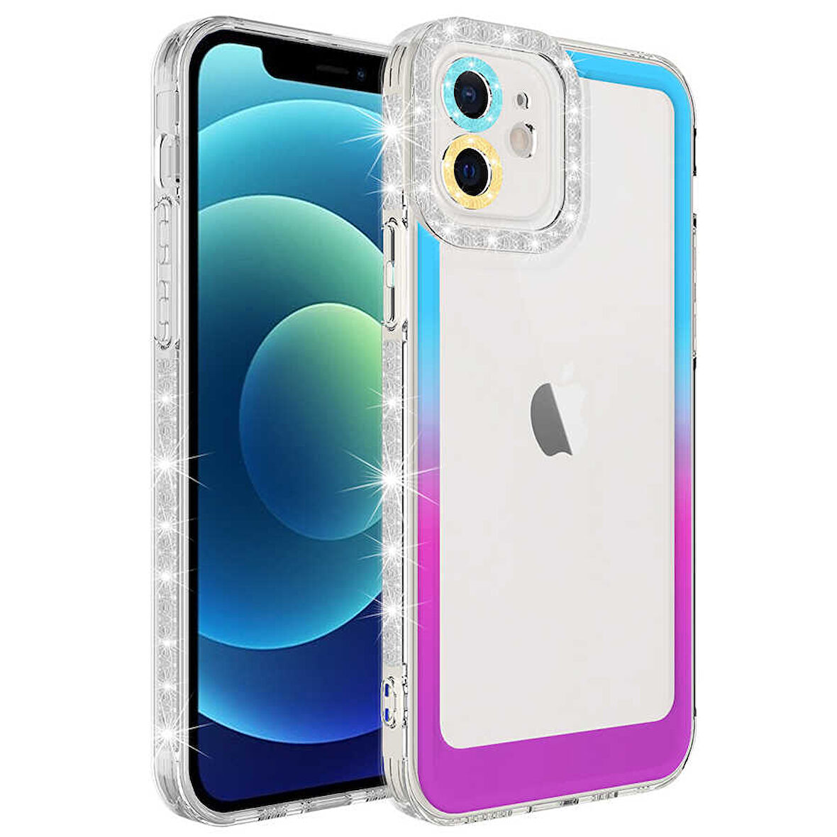 iPhone 11 Uyumlu Simli ve Renk Geçiş Tasarımlı LZore Korumalı Zore Park Kılıf-Mavi-Mor