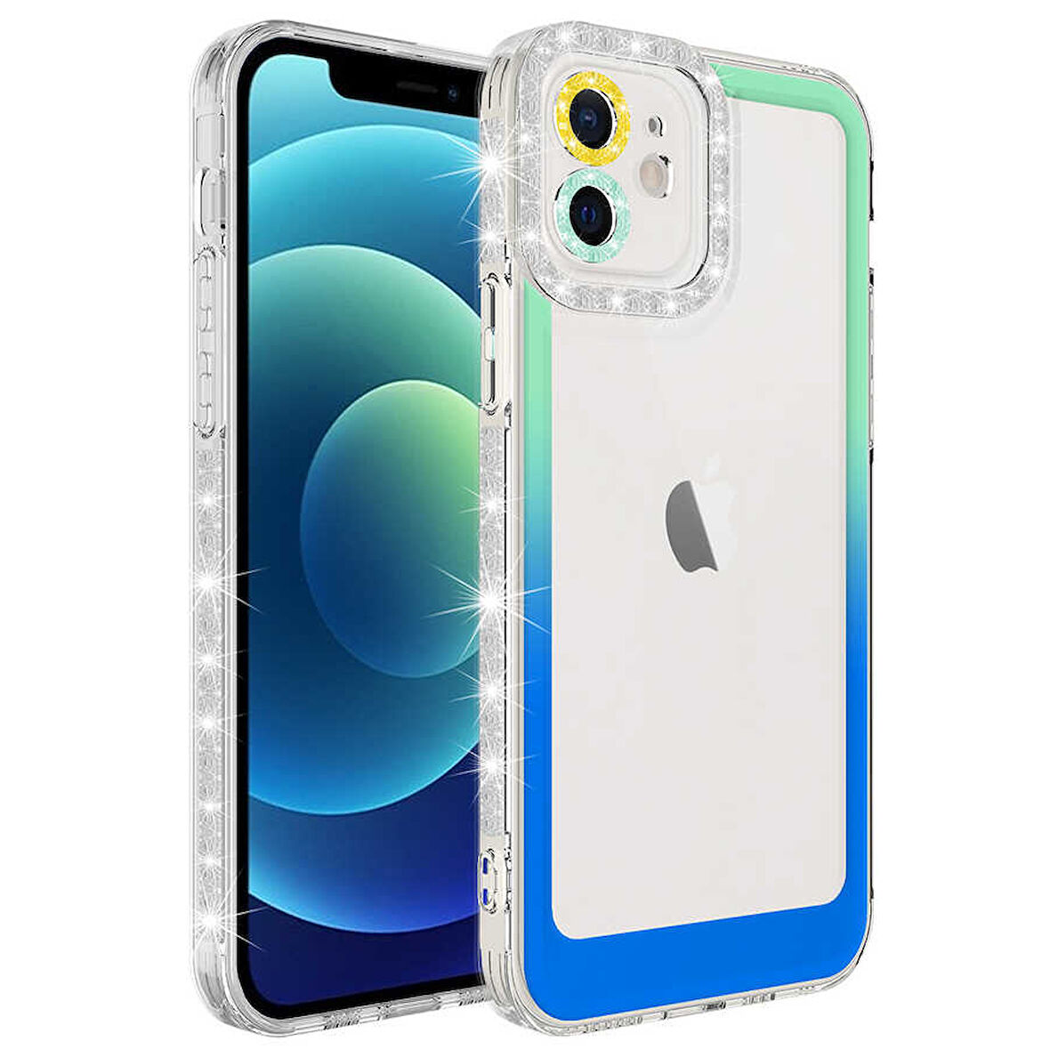 iPhone 11 Uyumlu Simli ve Renk Geçiş Tasarımlı LZore Korumalı Zore Park Kılıf-Yeşil-Mavi
