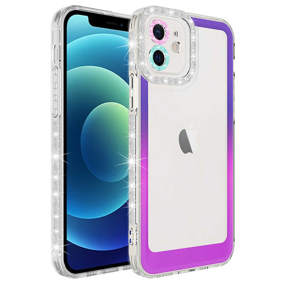 iPhone 11 Uyumlu Simli ve Renk Geçiş Tasarımlı LZore Korumalı Zore Park Kılıf-Mor-Pembe