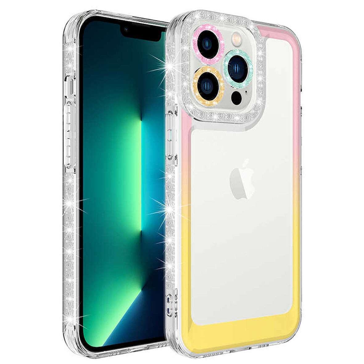 iPhone 12 Pro Uyumlu Simli ve Renk Geçiş Tasarımlı LZore Korumalı Zore Park Kılıf-Pembe-Sarı