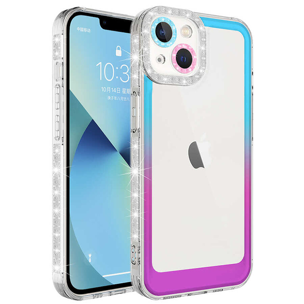 iPhone 13 Uyumlu Simli ve Renk Geçiş Tasarımlı LZore Korumalı Zore Park Kılıf-Mavi-Mor