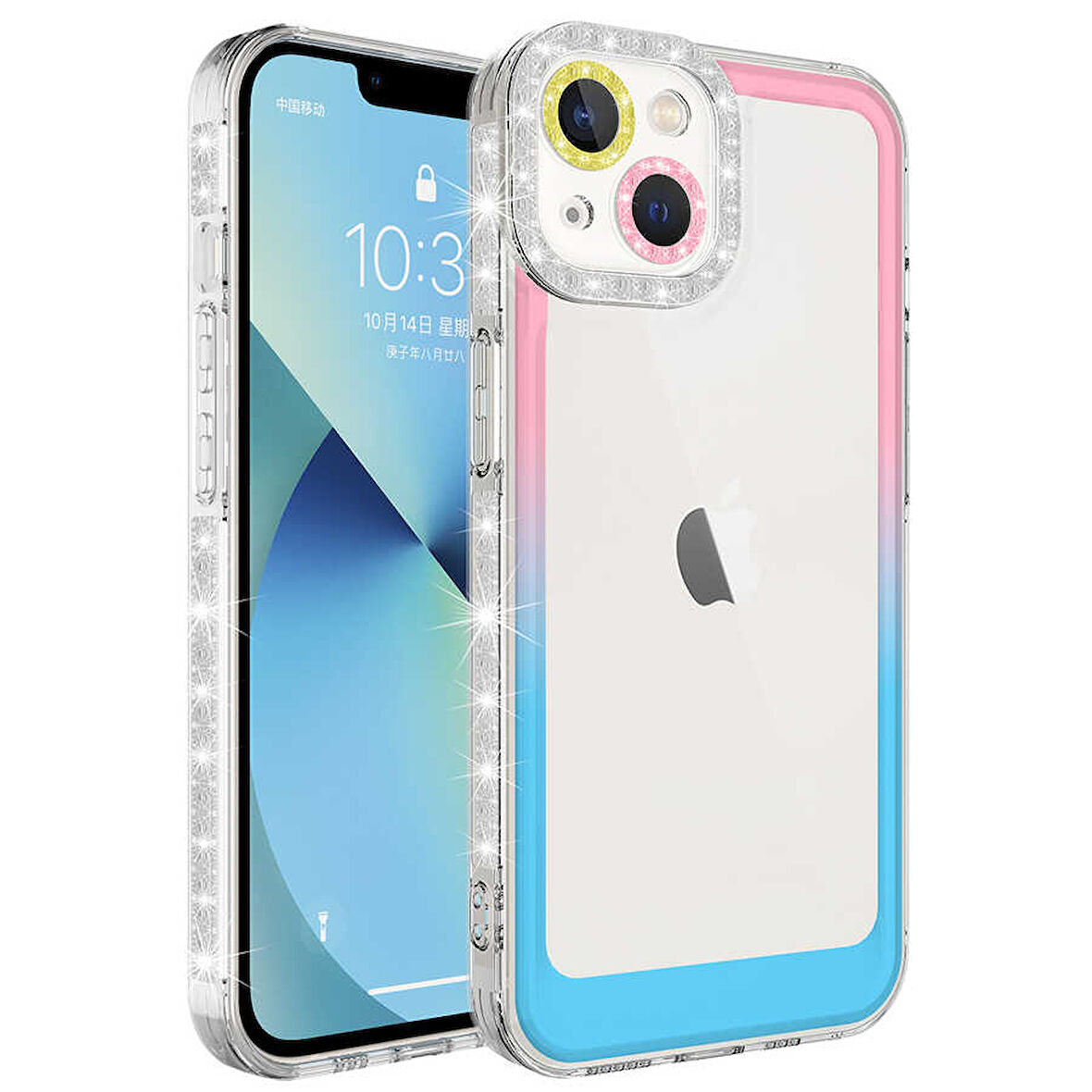iPhone 13 Uyumlu Simli ve Renk Geçiş Tasarımlı LZore Korumalı Zore Park Kılıf-Pembe-Mavi