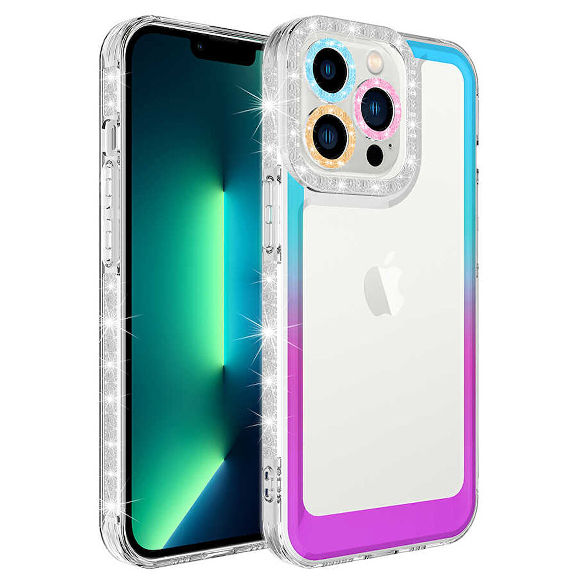 iPhone 13 Pro Max Uyumlu Simli ve Renk Geçiş Tasarımlı LZore Korumalı Zore Park Kılıf-Mavi-Mor