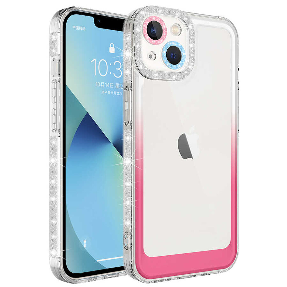 iPhone 14 Uyumlu Simli ve Renk Geçiş Tasarımlı LZore Korumalı Zore Park Kılıf-Beyaz-Pembe