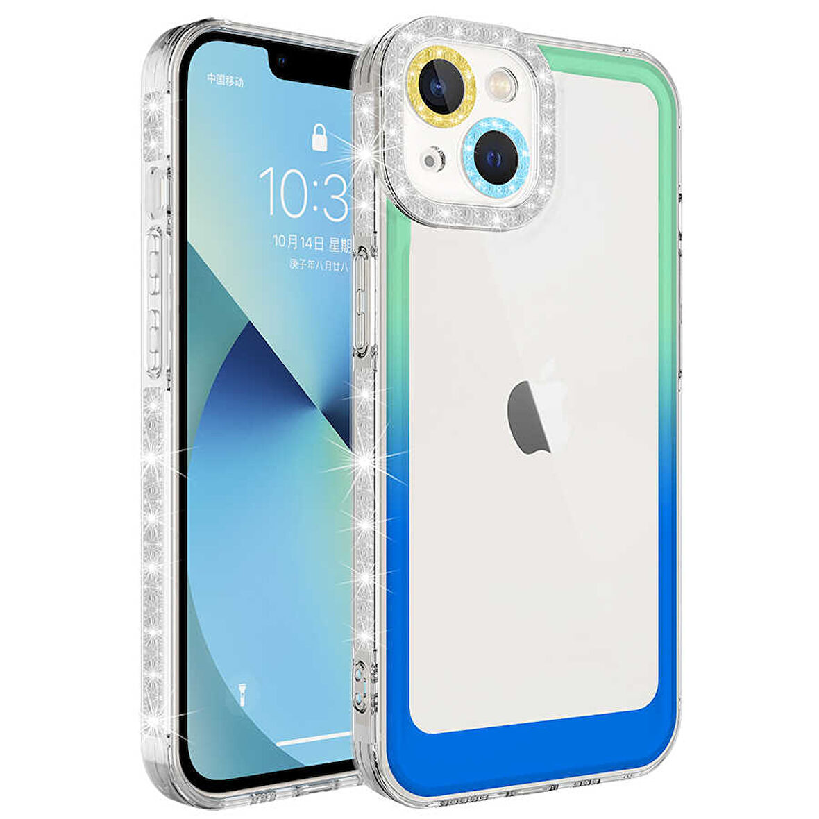 iPhone 14 Uyumlu Simli ve Renk Geçiş Tasarımlı LZore Korumalı Zore Park Kılıf-Yeşil-Mavi
