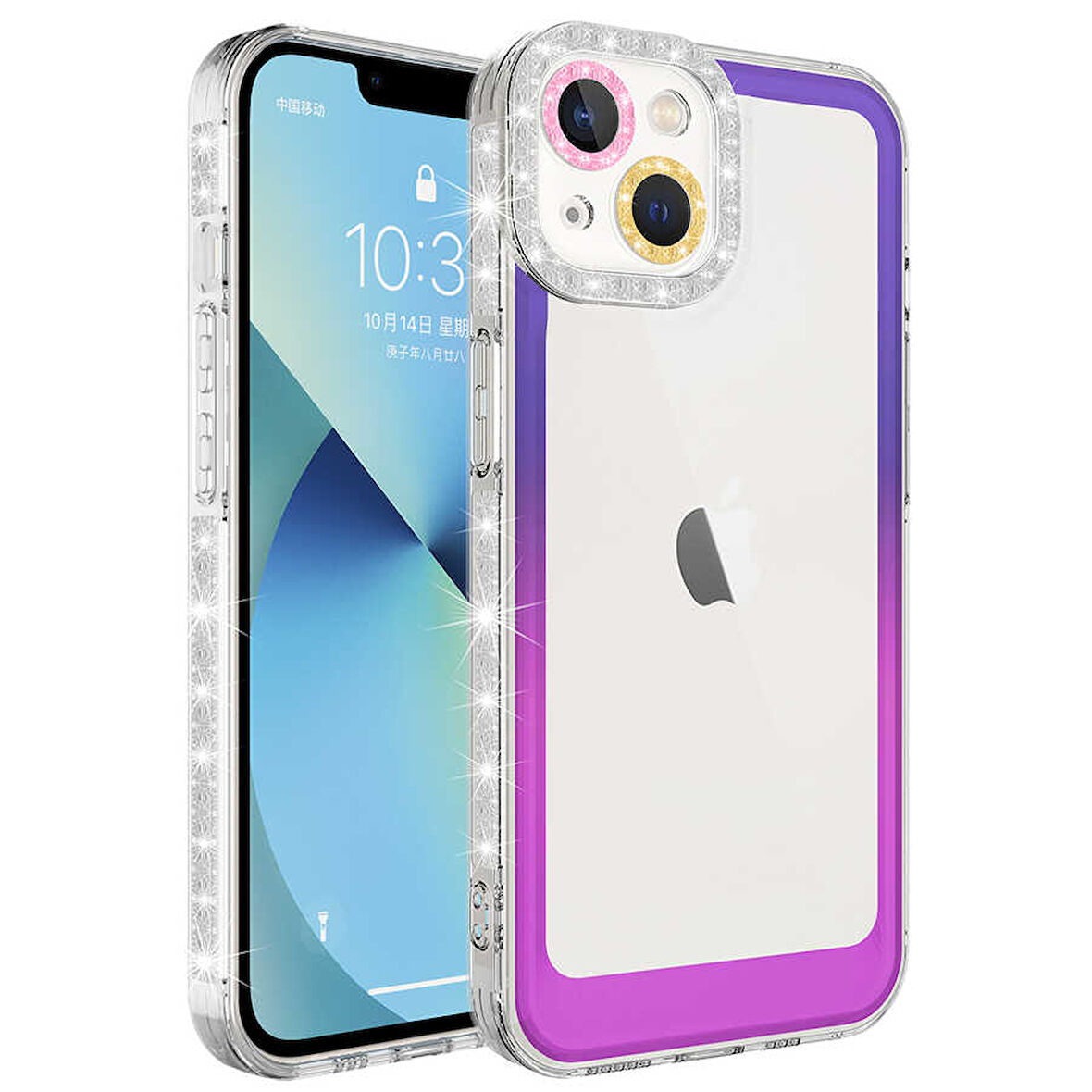 iPhone 14 Uyumlu Simli ve Renk Geçiş Tasarımlı LZore Korumalı Zore Park Kılıf-Mor-Pembe