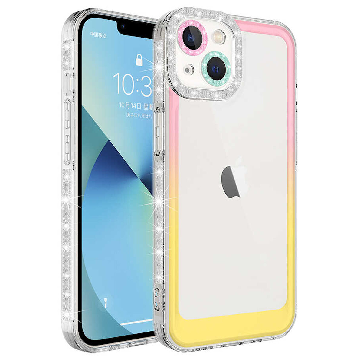 iPhone 14 Plus Uyumlu Simli ve Renk Geçiş Tasarımlı LZore Korumalı Zore Park Kılıf-Pembe-Sarı