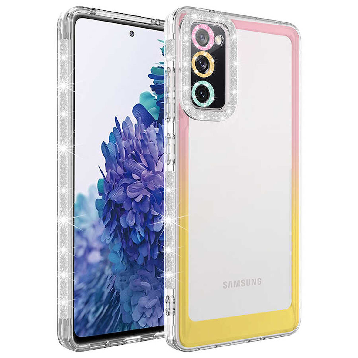 Galaxy S20 FE Uyumlu Simli ve Renk Geçiş Tasarımlı LZore Korumalı Zore Park Kılıf-Pembe-Sarı
