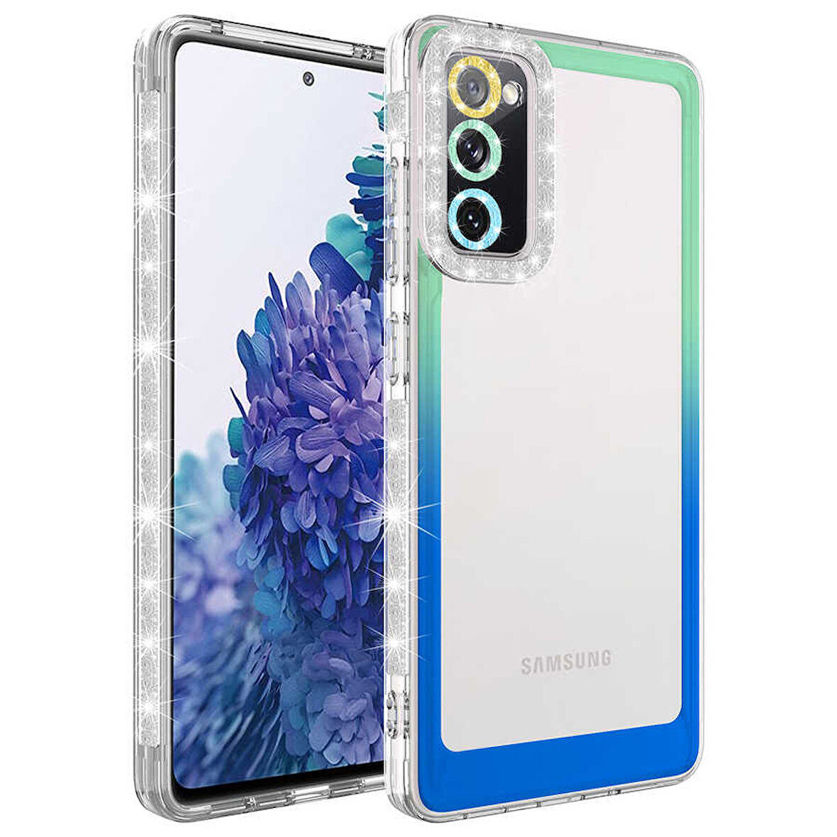 Galaxy S20 FE Uyumlu Simli ve Renk Geçiş Tasarımlı LZore Korumalı Zore Park Kılıf-Yeşil-Mavi