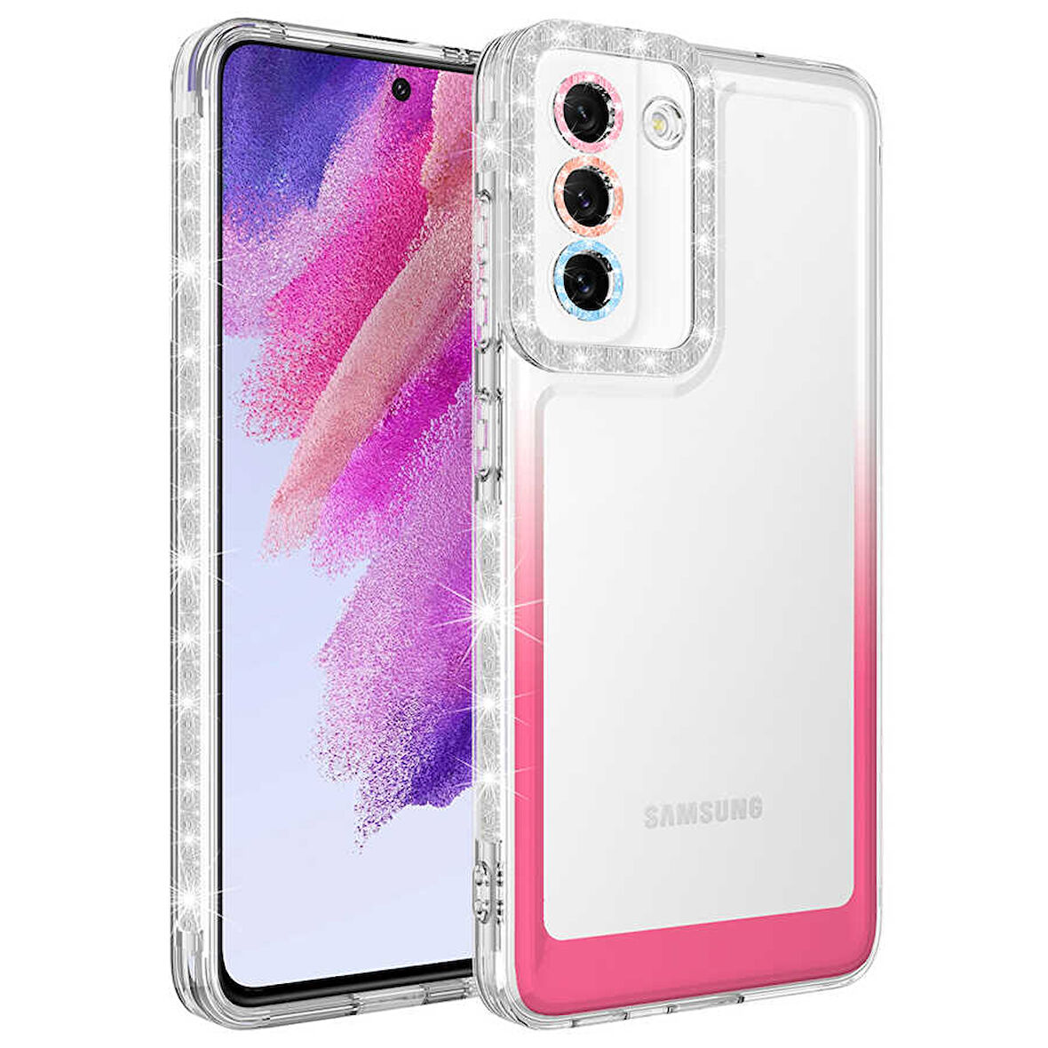 Galaxy S21 FE Uyumlu Simli ve Renk Geçiş Tasarımlı LZore Korumalı Zore Park Kılıf-Beyaz-Pembe