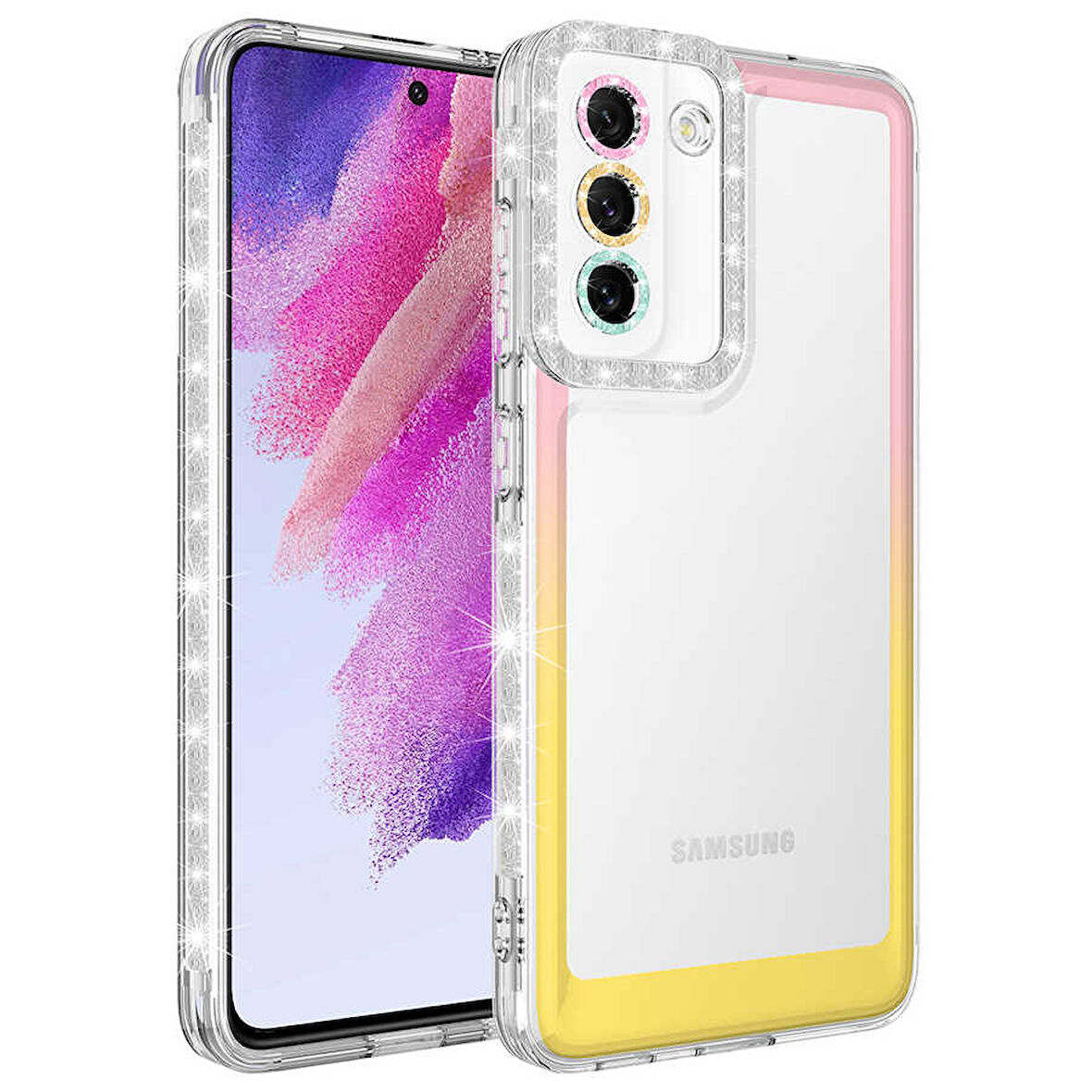 Galaxy S21 FE Uyumlu Simli ve Renk Geçiş Tasarımlı LZore Korumalı Zore Park Kılıf-Pembe-Sarı