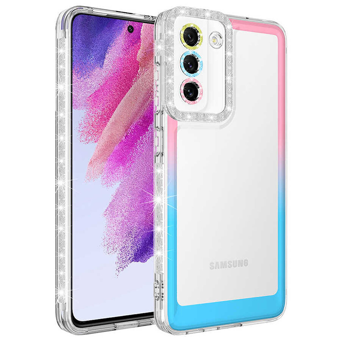 Galaxy S21 FE Uyumlu Simli ve Renk Geçiş Tasarımlı LZore Korumalı Zore Park Kılıf-Pembe-Mavi