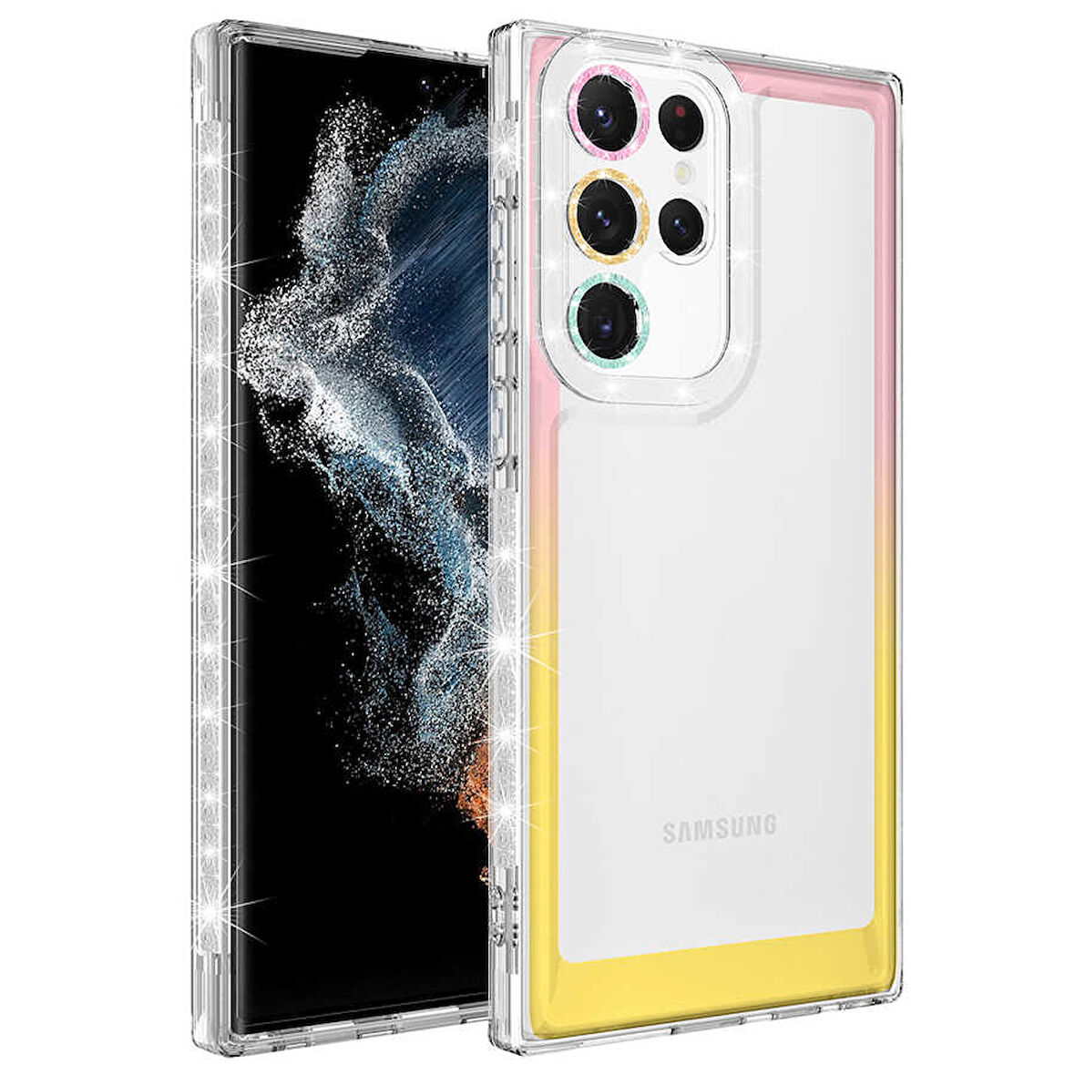 Galaxy S22 Ultra Uyumlu Simli ve Renk Geçiş Tasarımlı LZore Korumalı Zore Park Kılıf-Pembe-Sa