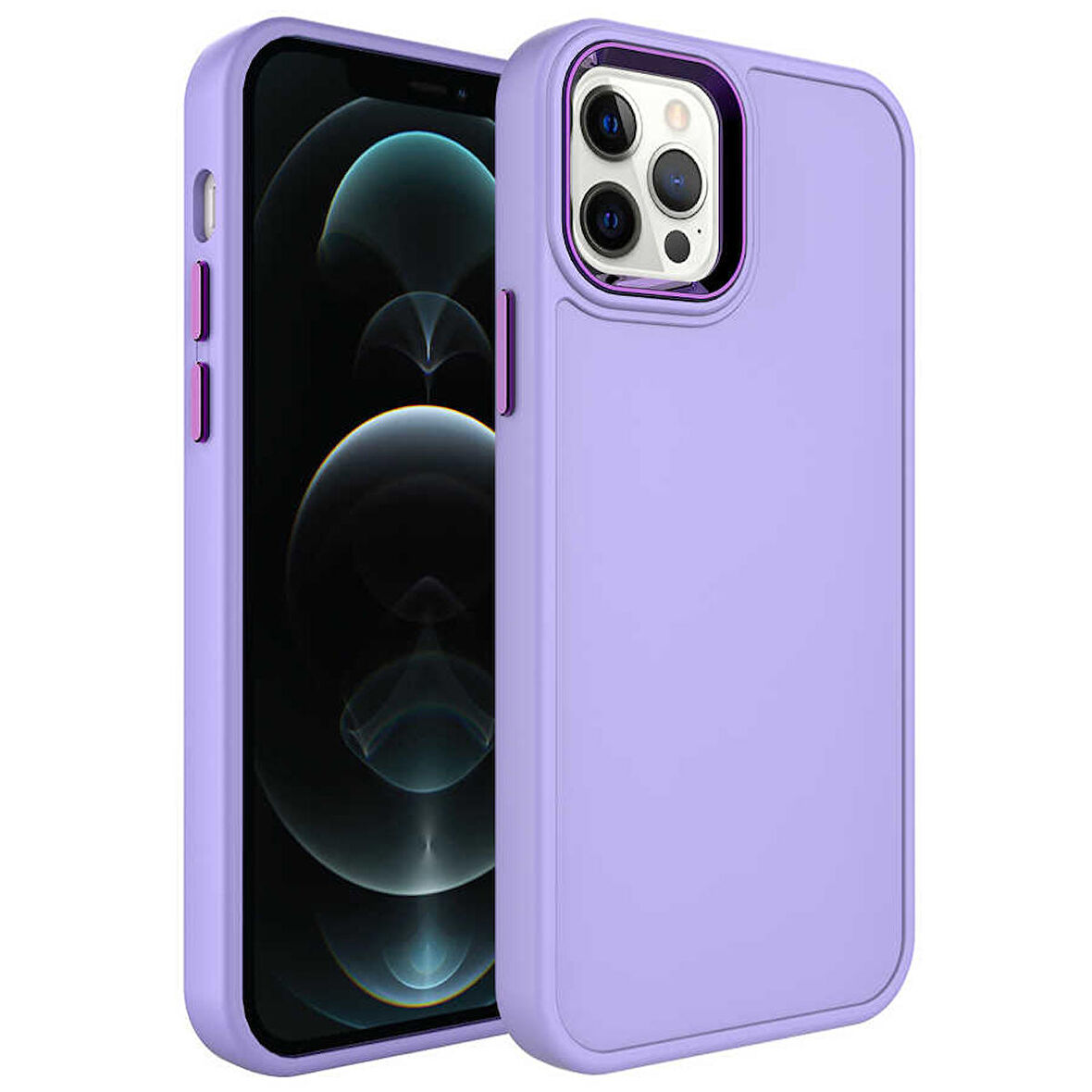 iPhone 12 Pro Uyumlu Metal Çerçeve ve Buton Tasarımlı Sert Zore Botox Kapak-Lila