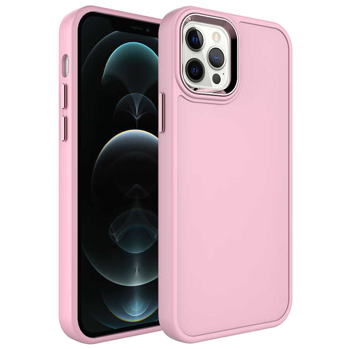 iPhone 12 Pro Uyumlu Metal Çerçeve ve Buton Tasarımlı Sert Zore Botox Kılıf-Pembe Açık
