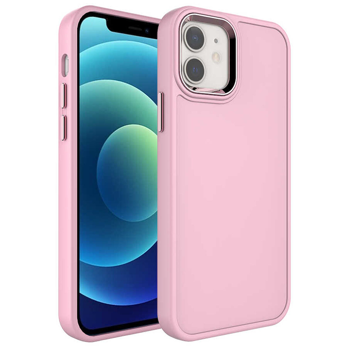 iPhone 12 Uyumlu Metal Çerçeve ve Buton Tasarımlı Sert Zore Botox Kılıf-Pembe Açık
