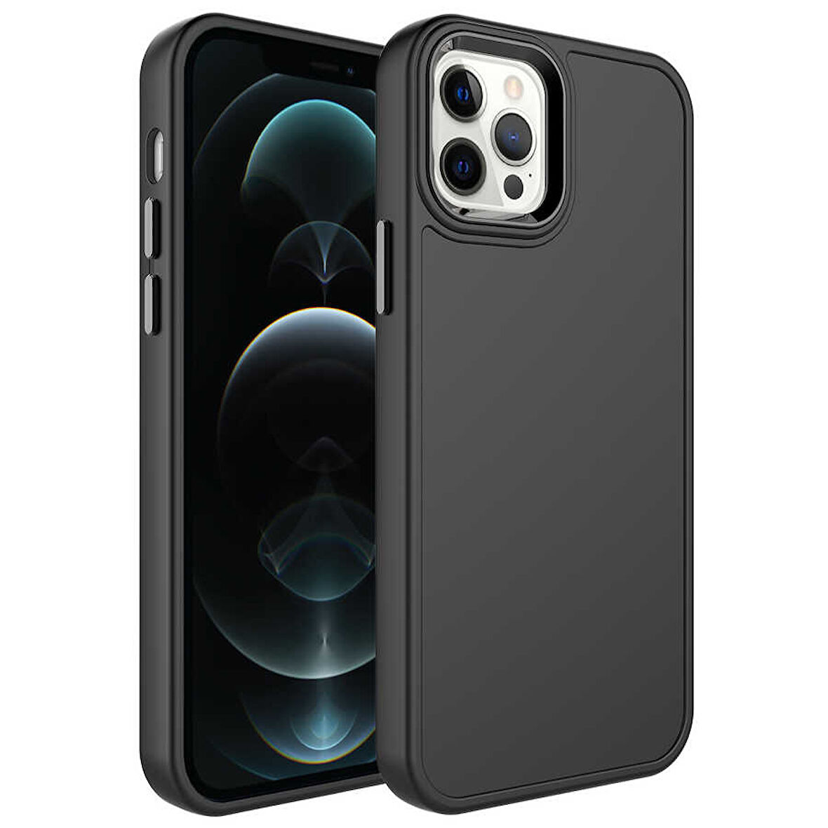 iPhone 13 Pro Uyumlu Metal Çerçeve ve Buton Tasarımlı Sert Zore Botox Kılıf-Siyah