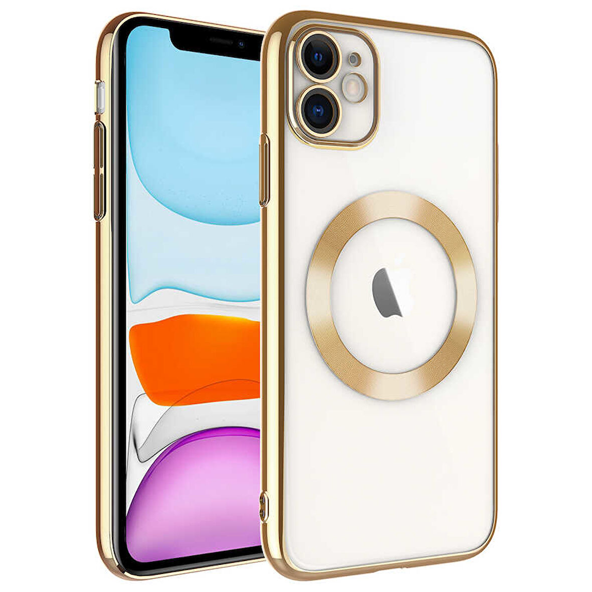 iPhone 11 Uyumlu Wireless Şarj Özellikli Sert PC Zore Riksos Magsafe Kılıf-Gold