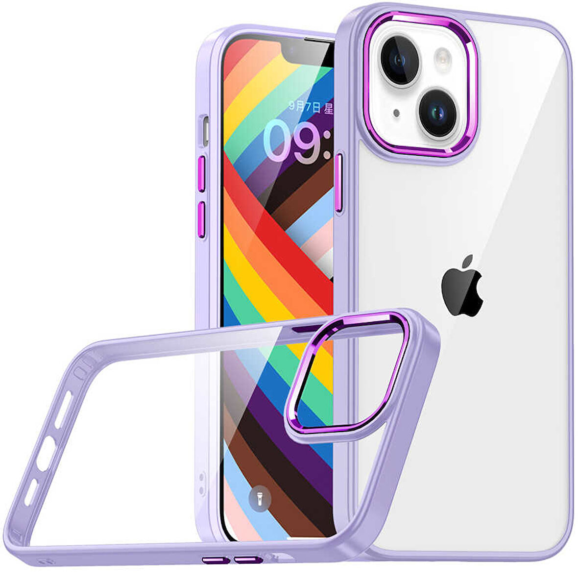 iPhone 14 Plus Kılıf Kamera Çıkıntılı Arkası Şeffaf Köşeleri Parlak Renkli Işlemeli Flora Kapak