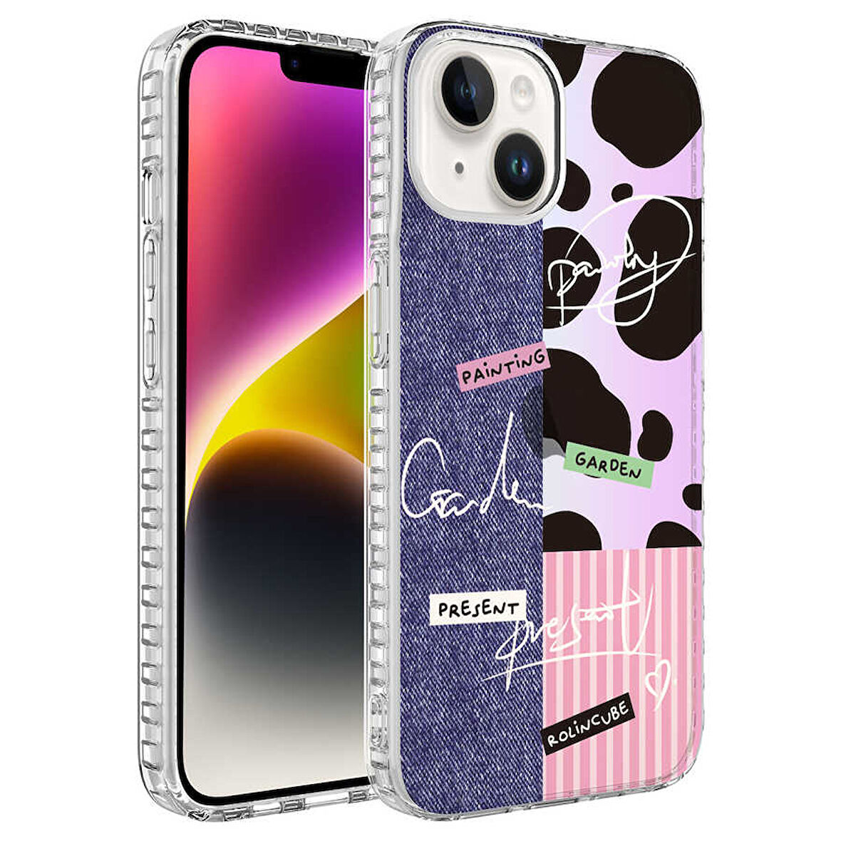 iPhone 14 Uyumlu AirBag Kenarlı Renkli Desenli Silikon Zore Elegans Kılıf-NO8