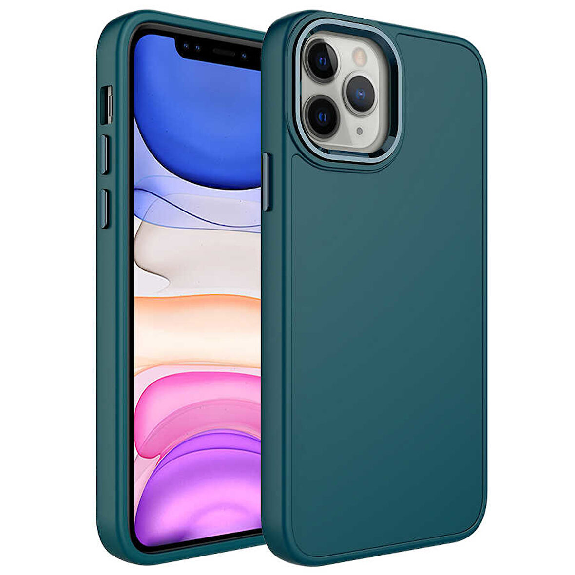 iPhone 12 Pro Max Uyumlu Metal Çerçeve ve Buton Tasarımlı Silikon Zore Luna Kılıf-Koyu Yeşil