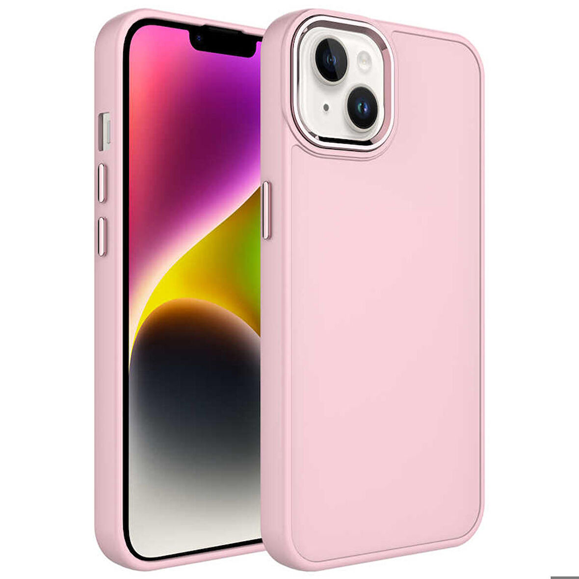 iPhone 13 Uyumlu Metal Çerçeve ve Buton Tasarımlı Silikon Zore Luna Kapak-Pembe