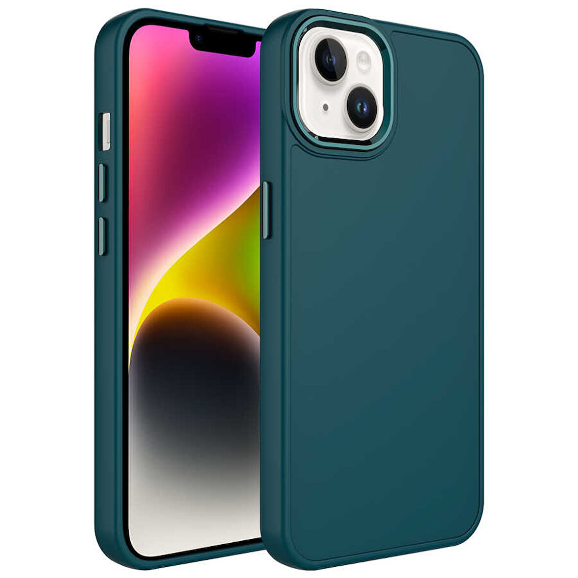 Apple iPhone 13 Kılıf Metal Çerçeve ve Buton Tasarımlı Silikon Zore Luna Kapak-Koyu Yeşil