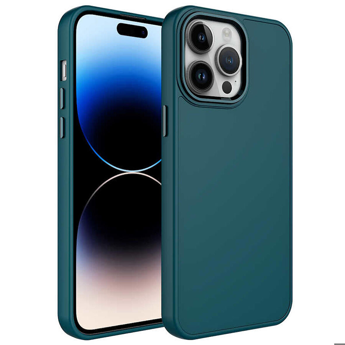 iPhone 14 Pro Uyumlu Metal Çerçeve ve Buton Tasarımlı Silikon Zore Luna Kapak-Koyu Yeşil