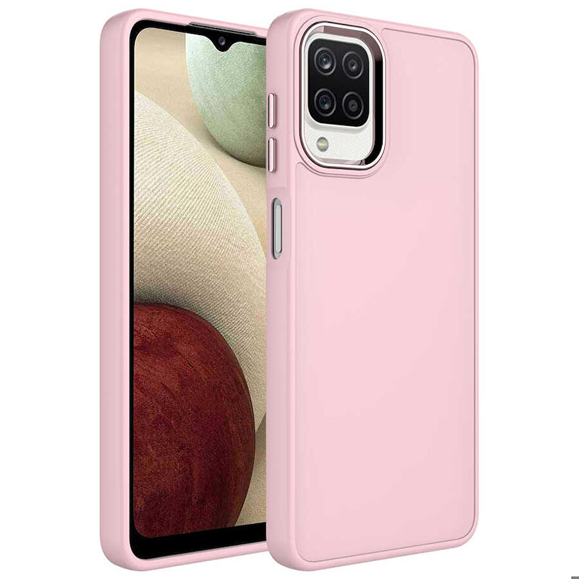 Galaxy A12 Uyumlu Metal Çerçeve ve Buton Tasarımlı Silikon Zore Luna Kapak-Pembe