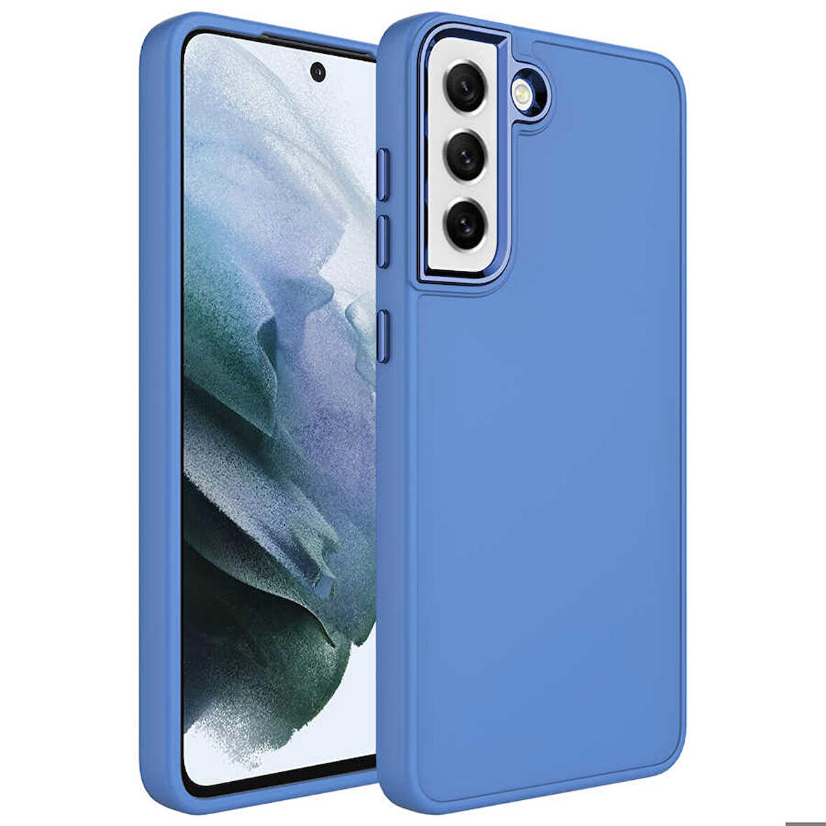 Galaxy S21 FE Uyumlu Metal Çerçeve ve Buton Tasarımlı Silikon Ensueno Luna Kapak-Lavendery Gray